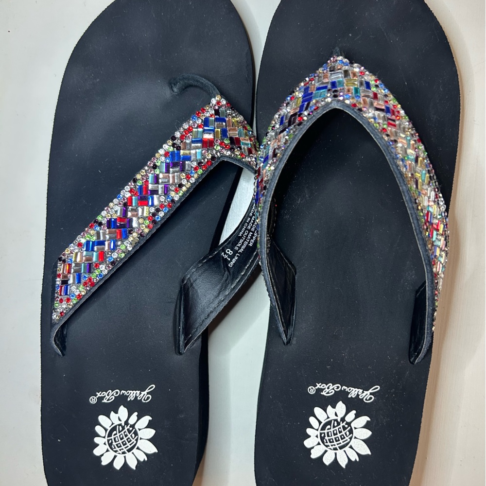 Yellow Box rhinestone black flip flops with wedge. Barely worn.